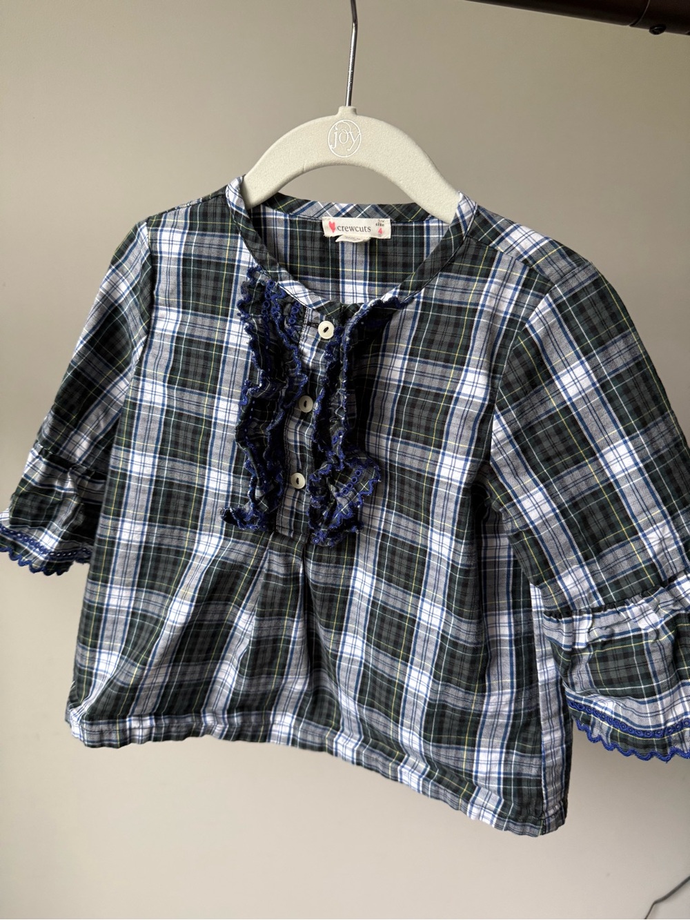 Crewcuts Navy, Green & White Plaid Ruffle Front Blouse